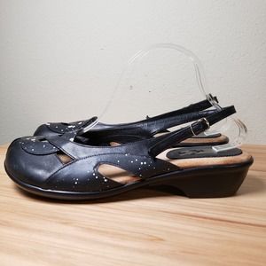 Figura Women's Size 42 Sling Back Mary Jane Shoe Black With White Splatter Paint